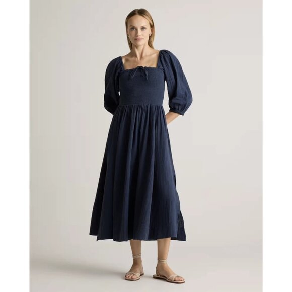 Quince Dresses & Skirts - Quince Organic Cotton Gauze Smocked Square Neck Midi Dress Indigo Blue NWT Large
